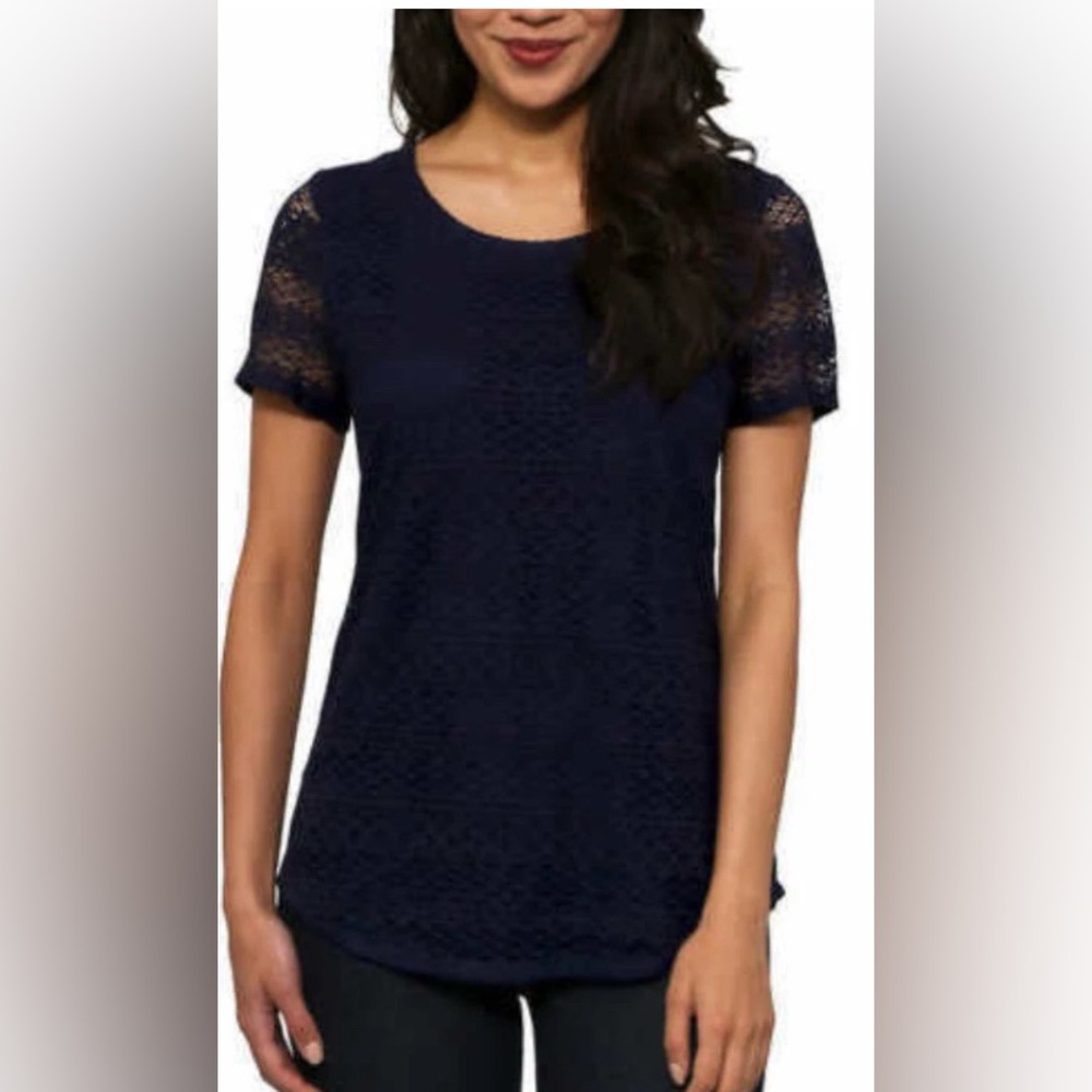 Leo & Nicole-Admiral Navy Lace Overlay Scoop Neck Short Sleeve Jersey Knit Top - Picture 5 of 6